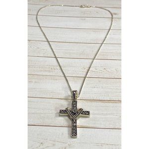 CW Art Deco 925 Marcasite Cross Pendant Chain Link Necklace